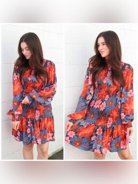 Farm Rio Navy Garden Smocked Mini Dress Excellent! XS